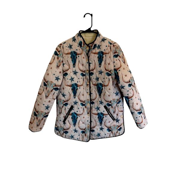 Women's Large Cream Blue Brown Longhorn Icon Quilted Clasp Long Sleeve Jacket - Picture 1 of 9
